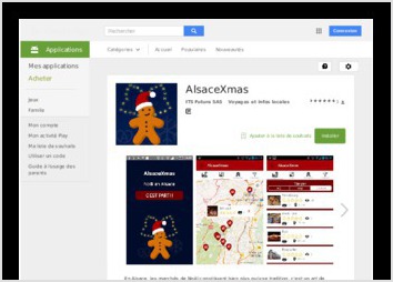 Nol en Alsace (AlsaceXmas) vous guide  travers les marchs de Nol Alsacien.

En Alsace, les marchs de Nol constituent bien plus qu une tradition, c est un art de vivre. Bredele, vin chaud, ides cadeaux et esprit de Nol y sont garantis.

Venez dcouvrir l Alsace pendant cette priode festive  travers l application AlsaceXmas.

Notre application vous guide  travers les diffrents marchs de l Alsace, connus et moins connus, en vous proposant les fonctionnalits suivantes :
* Trouver les marchs de Nol proche de votre localisation, classs par ordre de popularit
* Connatre les lieux et des dates de chaque marchs de Nol
* Valider votre passage grce  la fonction GPS de votre tlphone
* Partager votre visite sur Facebook et Twitter
* Commenter et noter un march (de 1  5 bredele)
* Dbloquer des rcompenses en fonction de votre progression

Obtiendrez-vous la rcompense du meilleur Xmas-trotter d Alsace ?
Quelle commune reprsentera le mieux l Alsace ?
Quel march de Nol obtiendra le meilleur classement ?