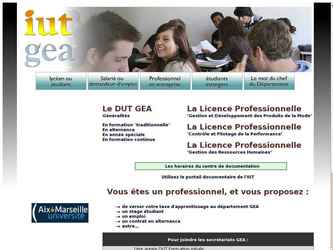 Le site du département GEA est destiné à informer les futures étudiants, recenser les programmes des différents diplômes délivrés par le département, et promouvoir les différentes formules présentées (formation initiale, année spéciale, alternance..)
