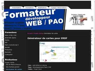 ERDF souhaitait être en mesure de générer des cartes Haute Définition pour illustrer diverses catastrophes naturelles (innondations, feux, etc.) et les moyens mis en uvre pour les gérer. Grâce à cette interface en flash, cette carte peut être générée, personnalisée, exportée, sauvegardée et chargée de façon intuitive et rapide.