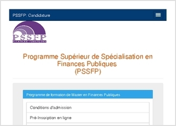 Cette application a consister à développer une application PHP avec le FrameWork CodeIgniter pour les gestion des soumissions des dossiers de candidature au Programme Supérieur de spécialisation en Finances Publiques.