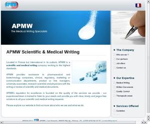 Site bilingue Franais Anglais de prsentation de la socit APMW spcialise dans la rdaction de documents pharmaceutiques et mdicaux:Site et design sur mesure/ Multilangue/ Programme Google AdWords 