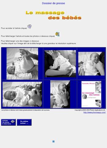 Dossier de presse pour le livre "Le massage des bbs"Mise  disposition d images et d articles pour les services de presse Les liens internes ne sont plus disponibles (site construit en 2002)Outils : Html, Photoshop.