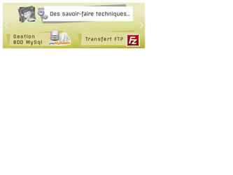 J'ai aussi les compétences suivantes :

- Le transfert FTP
Avec le logiciel Filezilla, je peux transférer du contenu présent sur le disque dur d'un ordinaqteur sur le web.

- La gestion BDD
Un site web est composé, en plus de sa structure, de données. La gestion de Bases de Données est donc une compétences obligatoire pour un site internet.