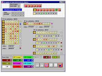 Arrondir mes fins de mois difficiles,
place au hasard.

Particularités : 

Disposition automatique des bulletins. 

Contrôle des bulletins simples, multiples,
Super Loto, Euro Millions. 

Pronostics. 
Ecrit en Delphi, Deluxe Paint Animation, SQL et Interbase.