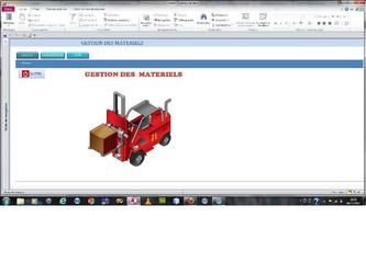 But de lapplication :
Gérer les différents types de matériels (chariot, transpalette, gerbeur) en achat, vente, location, maintenance et centraliser toutes les informations les concernant.
Logiciel souhaité : Microsoft ACCESS 2010
La société : 
Son métier se définit principalement la gestion de stocks de marchandises pour différents clients au sein même de ses bâtiments (Fûts, bigbags, tractopelle caterpillar,etc).

Elle a une deuxième activité importante, dans la gestion de chariots élévateurs, transpalettes et gerbeurs.
Cela consiste, à acheter des matériels neufs ou doccasions, pour ensuite soit les revendre, les louer à ses clients, et en assurer sa maintenance.

Elle assure aussi les maintenances des matériels appartenant à ses clients.

