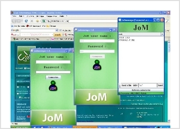 Un application de chat OpenSource, client serveur (java, mysql), comportant plusieurs fonctionnalités, et qui utilise le réseau de façon optimale. Elle permet d'envoyer du texte, des fichier, ainsi que le fameux Wizz.
Elle émets des sons pour faire distinguer les événements. Elle est aussi animé(lors de la connexion le logo se déforme).

http://codes-sources.commentcamarche.net/source/50261-jomessenger-application-client-server