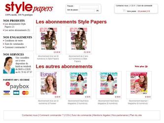 La boutique de stylepapers.com est un site dabonnements de différents magazines Style Papers (magazine de la mode), NeufMois, Maman ! et Forever en ligne.

    Site e-commerce
    Fiche produit complète
    Gestion dabonnements automatique dépendant des prochaines sorties en kiosque
    Suivie des commandes en cours
    Relance automatique à la fin des abonnements
    Gestion automatique du fichier routeur denvoi dexpédition
    Les produits associés et couplages
    Gestion des différents sorties de magazine en kiosque
    Gestion dexpéditions dans différents pays
    Paiement en ligne sécurisé Paybox
