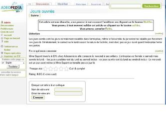 Adéopédia est un wiki basé sur le logiciel open-source mediawiki 1.16.4.

Configuration apache/mysql/php.

Il s'agit d'une application interne pour la formation et la documentation du personnel nouvellement embauché.

Sa particularité est qu'il s'agit d'un wiki international (14 langues) basé sur une base de données et un site internet (un seul virtualhost), chose impossible à l'heure actuelle de la dernière release de mediawiki.

Il est doté d'un traducteur automatique googletranslate, d'un cloisonnement selon des règles simples permettant la conservation de l'esprit collaboratif de médiawiki tout en amenant une idée de spécialisation métier géré par un groupe d'utilisateur particulier, etc ...

De nombreuses extensions open-sources stables ont été installées (LDAP, PdfExport, Multi Language Manager, FCKeditor, Livetranslate) ainsi que certaines développées spécifiquement (ImportXLS, Article similaire, Page référente ...)