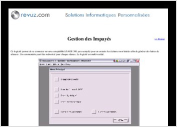 Cet outil permet une interrogation de la comptabilit Sage500 pour rcuprer les critures non lettres (factures impayes). Ensuite,  grce  un regroupement par Syndics et par la recherche multicritres, des lettres de relances donnant le dtail par immeubles peuvent tre dites automatiquement, avec suivi et "esclade" du niveau de relance.

Grace  cet outil, le client a pu rcuprer 55% de ses impays dans les 6 premiers mois, et les chiffres taient plutt importants !