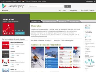 Une application Android multilingue pour le domaine skiable du canton suisse du Valais. L'application permet d'avoir des informations actualisées en temps réel sur les différentes stations de ski : météo, enneigement, altitude, événements, offres, etc. L'application permet également à l'utilisateur d'ajouter les stations qu'il préfère à ses favoris et de recevoir des notifications automatiquement.