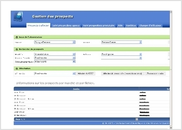 Application permettant de g&eacute;rer les prospects d'une banque en les affectant &agrave; des conseillers ou une plateforme d'appel t&eacute;l&eacute;phonique. Application contenant plus d'un demi million de prospects et utilis&eacute; par plus de 500 utilisateurs. Technologies utilis&eacute;es : CSS, ASPX, C#, SQLServer 2008